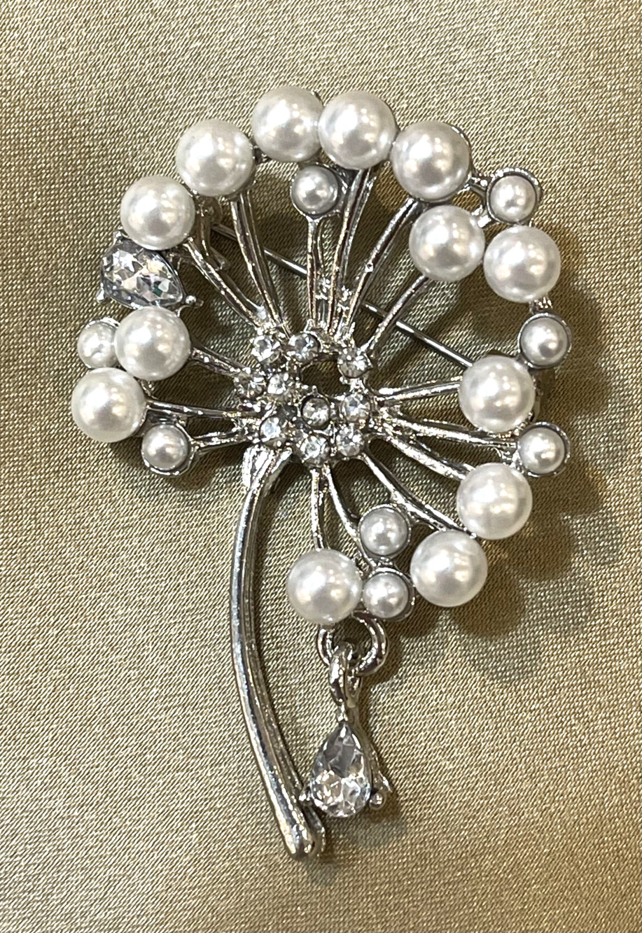 NWOT Silver Flower Rhinestone Brooch Faux Pearl Lapel Pin Teardrop Elegant